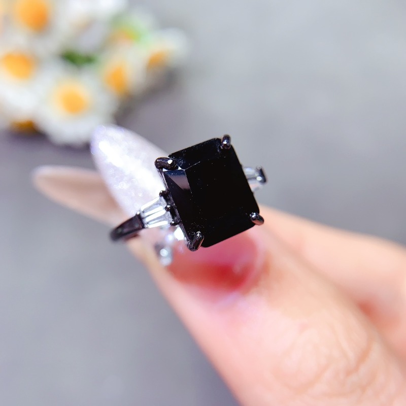 Jewelry Making University - Bague spinelle noire rectangulaire naturelle pour